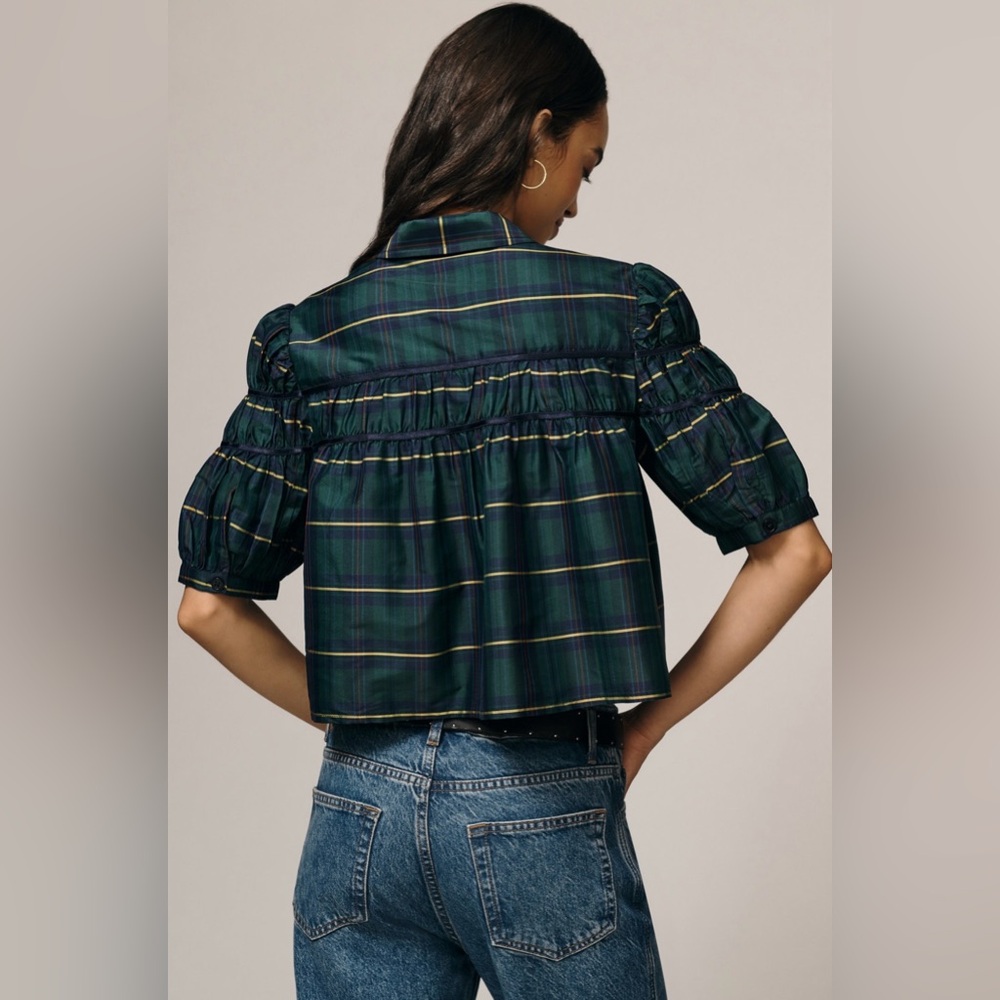 Anthropologie Maeve The Leandra
Taffeta Shirred Yoke Blouse Green Plaid 2X - Picture 2 of 8
